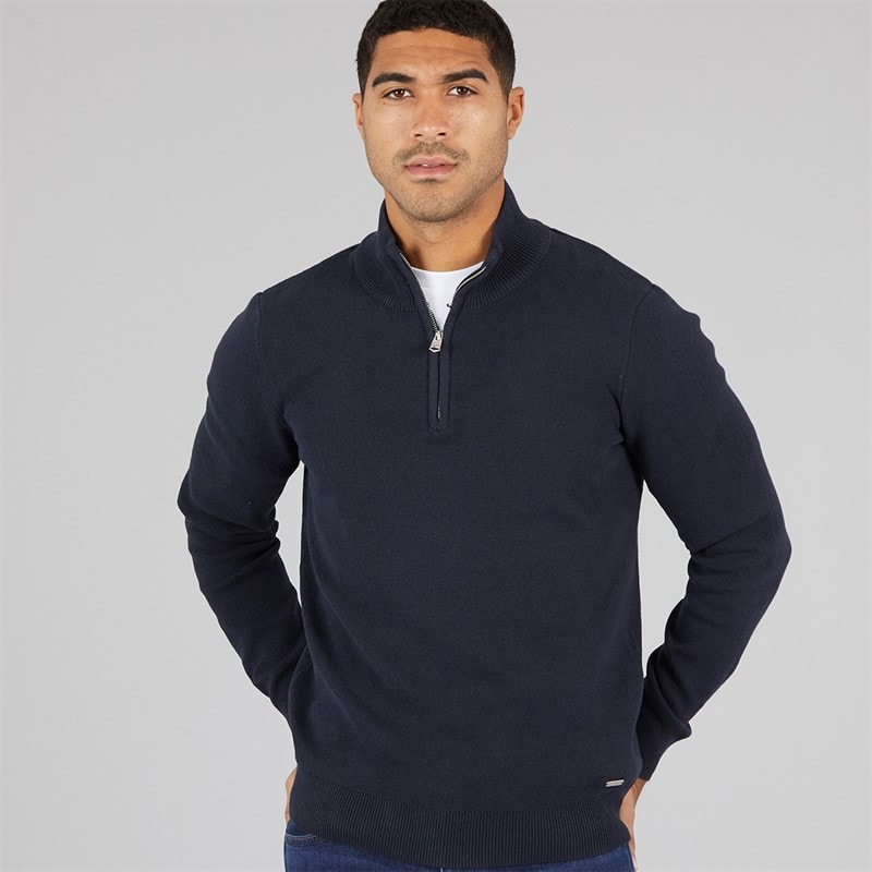 THREADBARE Homme Pull Col Montant Zippé 1/4 Noisette Marine