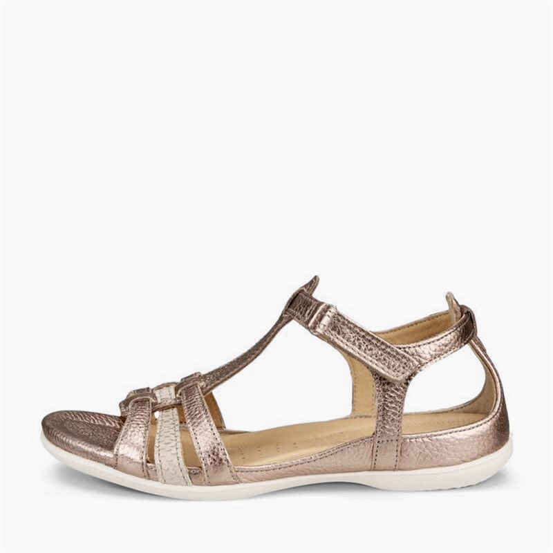 ECCO Dames Flash Leer T-Bar Riem Sandalen Warm Grey Metallic/Moon Rock